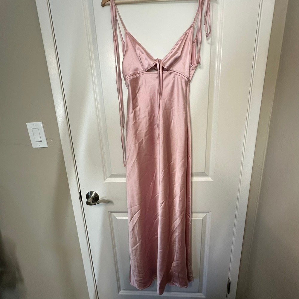 Zara Maxi Dress Womens Small Pink Satin Slip V-Neck Tie Front Open Back Evening - Picture 2 of 13